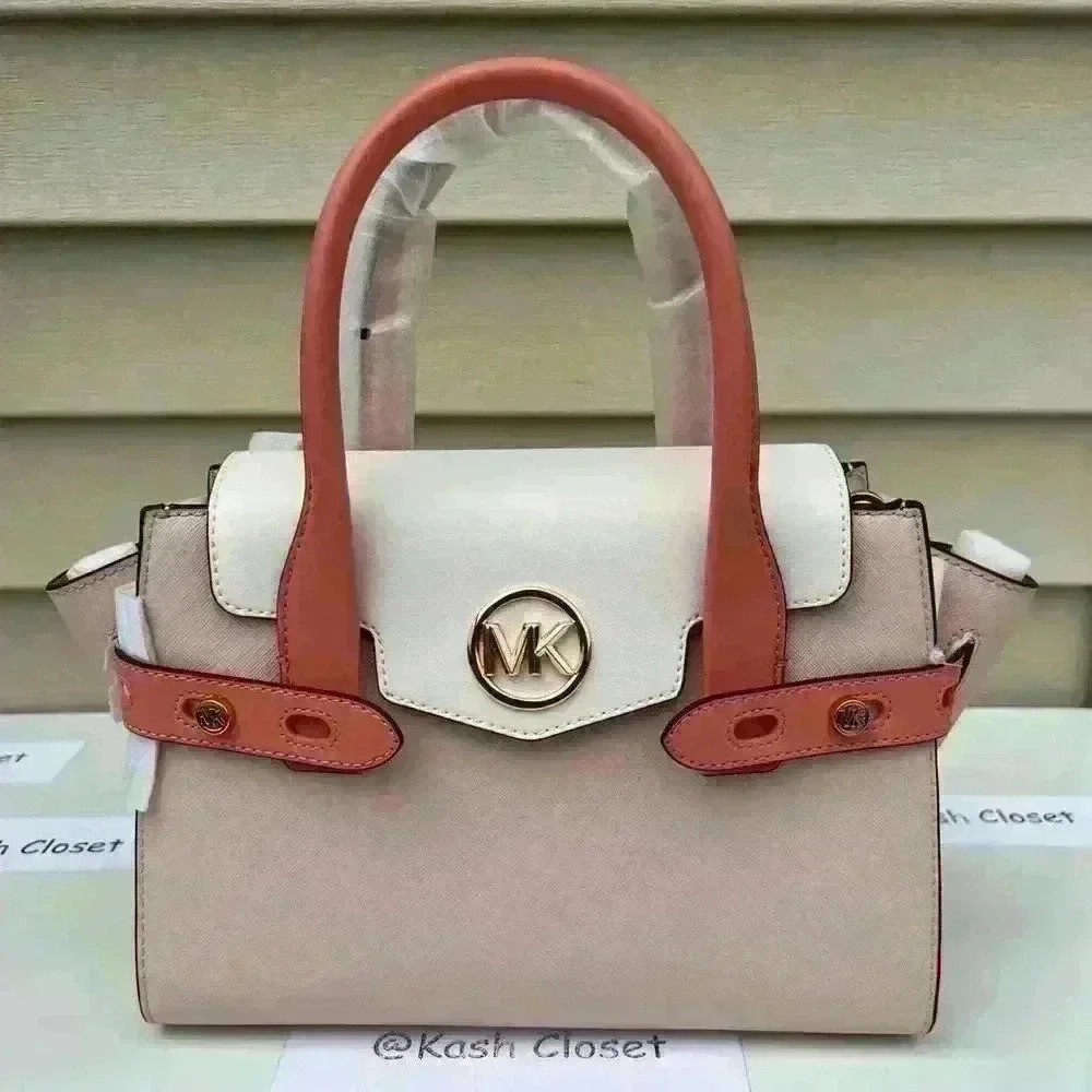Michael Kors Carmen Medium Satchel Purse Color Block Belted Saffiano Leather - Picture 1 of 10